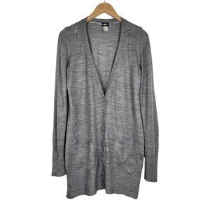 H&M Long Cardigan Button Front Pockets Grey Acrylic Sweater Deep V-neck Size M